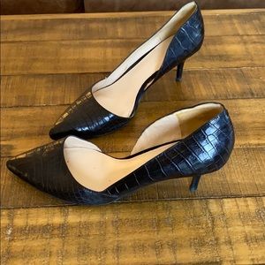 Black crocodile embossed leather kitten heels